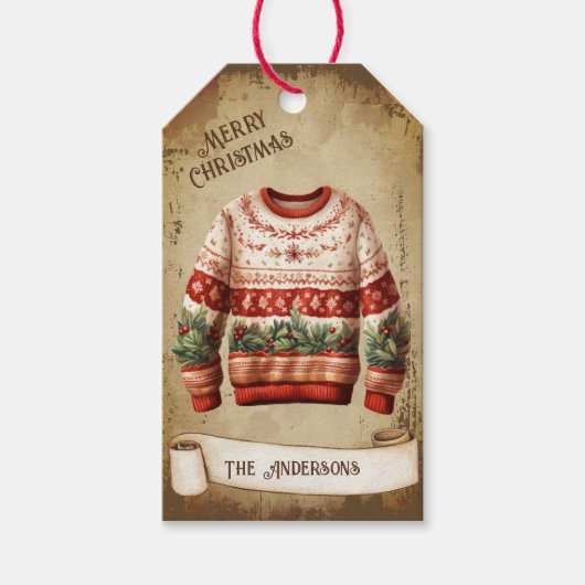 Retro lelijke trui Vrolijk Kerstfeest Cadeaulabel (Voorkant)