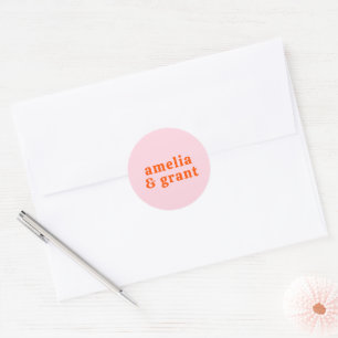 Retro Lettertype Oranje en Roze Moderne Trouwdag Ronde Sticker