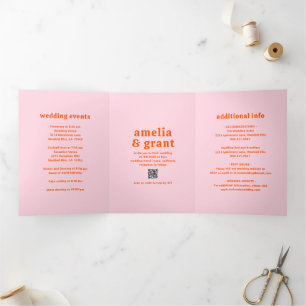 Retro Lettertype Oranje en Roze QR Code Foto Bruil Drieluik Uitnodiging