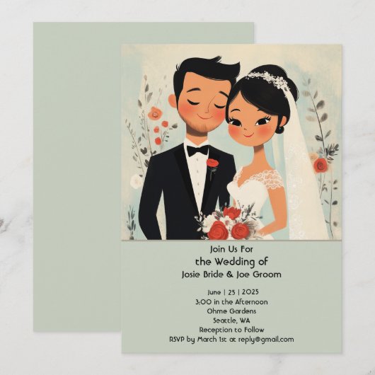 Retro leuke Aziatische liefde bruiloft uitnodiging (Voorkant / Achterkant)