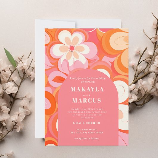 Retro Levendige Roze Boog Bruiloft Uitnodiging