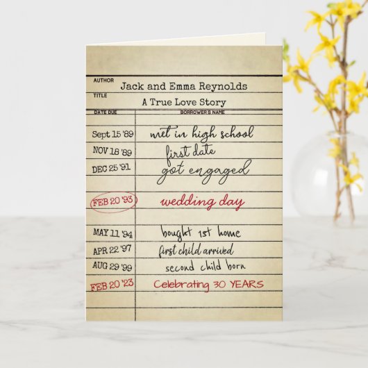 Retro Library Card 30e Jubileum Kaart (Gele Bloem)