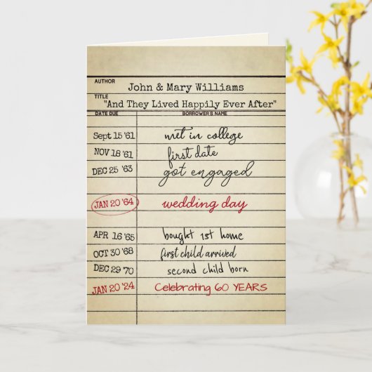 Retro Library Card 60e Jubileum Kaart (Gele Bloem)