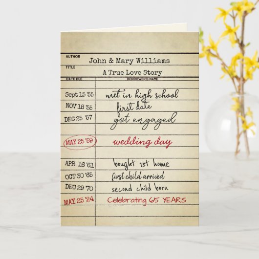 Retro Library Card 65e Jubileum Kaart (Gele Bloem)