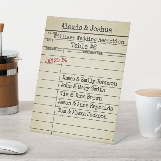 Retro Library Card Weddenschap Reception Reclamebord Met Voetstuk (Insitu)