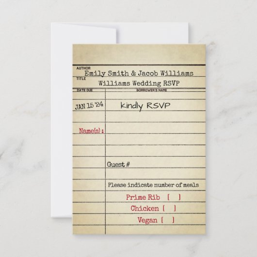 Retro Library Card Wedding RSVP Kaart (Voorkant)