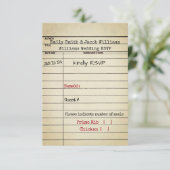 Retro Library Card Wedding RSVP Kaart (Staand voorkant)