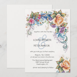 Retro-, lichtblauw- en perzikbloemen Weddenschap I Kaart