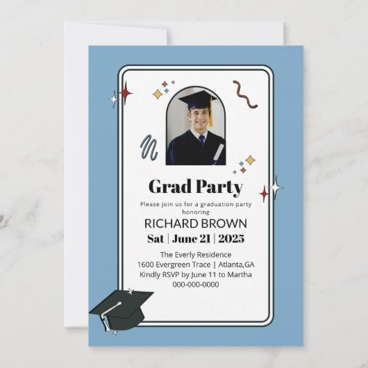 Retro Lichtblauwe kronkelende golvende afstuderen Aankondiging (Achterkant)