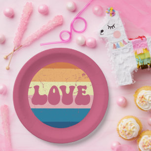 Retro Liefde Typografie Op Sunset Stripes Papieren Bordje