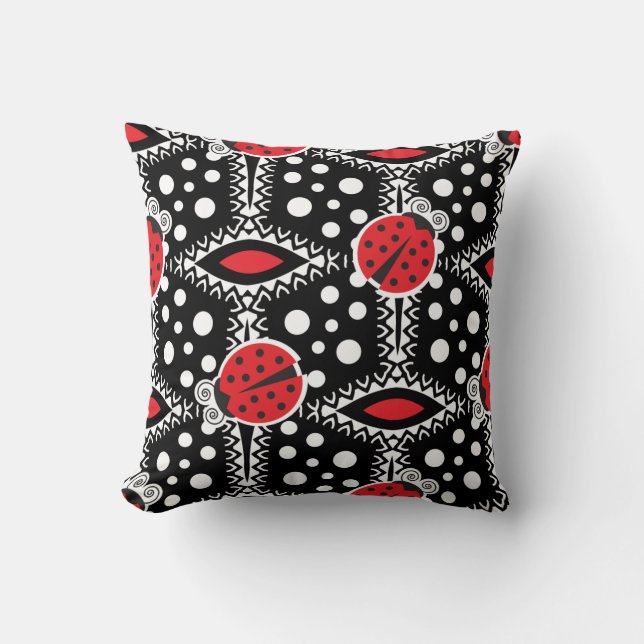 Retro lieveheersbeestjes Polka Dot Rood en Zwart Kussen (Voorkant)