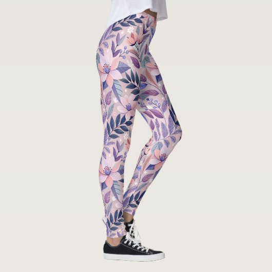 Retro Lila bloemenillustratie Leggings (Rechts)