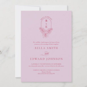Retro Lila Magenta Floral Monogram Crest Bruiloft Kaart