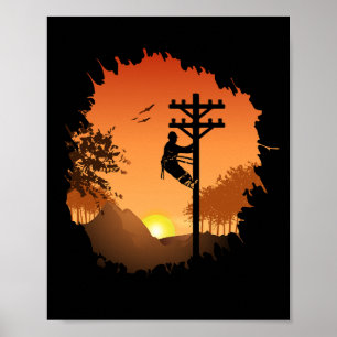 Retro Lineman Zonsondergang Vader Elektrische Kabe Poster