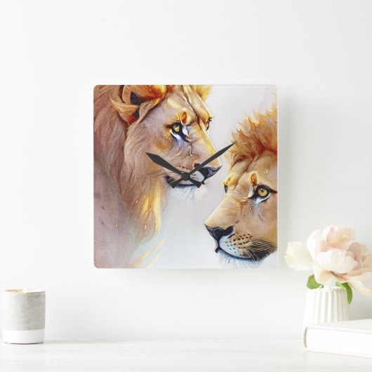 Retro Lions Art - Klassieke Wildlife Wall Art Vierkante Klok (Huis)