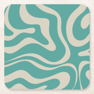 Retro Liquid Swirl Abstract Patroon Blauwgroen Bei Vierkante Kartonnen Onderzetter