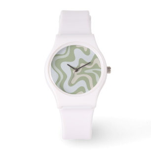 Retro Liquid Swirl Abstract Patroon in Sage Green Horloge