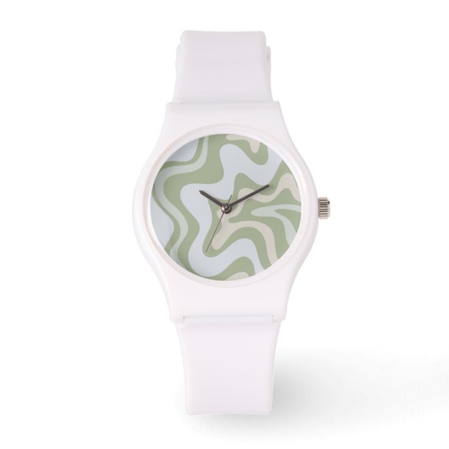 Retro Liquid Swirl Abstract Patroon in Sage Green Horloge (Voorkant)
