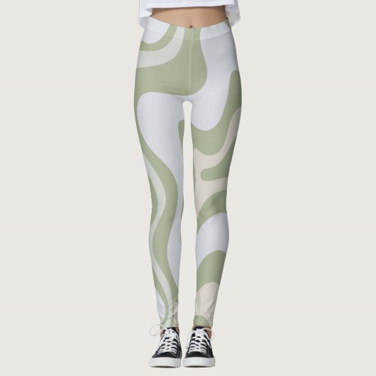 Retro Liquid Swirl Abstract Patroon in Sage Green Leggings (Voorkant)