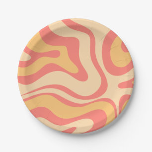 Retro Liquid Swirl Abstract Patroon Roze Geel Papieren Bordje