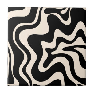 Retro Liquid Swirl Abstract Pattern Black Cream Tegeltje