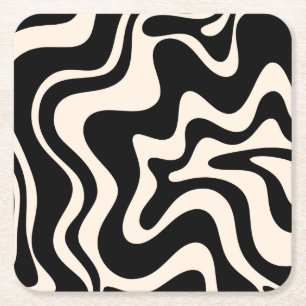 Retro Liquid Swirl Abstract Pattern Black Cream Vierkante Kartonnen Onderzetter