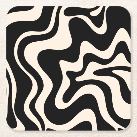 Retro Liquid Swirl Abstract Pattern Black Cream Vierkante Kartonnen Onderzetter (Voorkant)