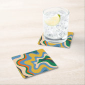 Retro Liquid Swirl Abstract Pattern Blue Mustard Vierkante Kartonnen Onderzetter (Insitu)