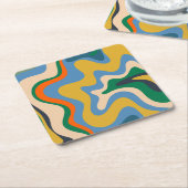Retro Liquid Swirl Abstract Pattern Blue Mustard Vierkante Kartonnen Onderzetter (Schuin)