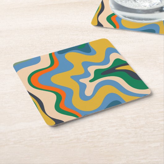 Retro Liquid Swirl Abstract Pattern Blue Mustard Vierkante Kartonnen Onderzetter (Schuin)