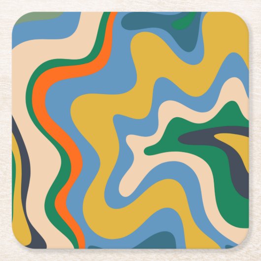 Retro Liquid Swirl Abstract Pattern Blue Mustard Vierkante Kartonnen Onderzetter (Voorkant)