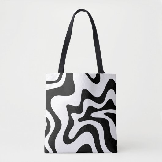 Retro Liquid Swirl Trippy Black en White Abstract Draagtas (Voorkant)