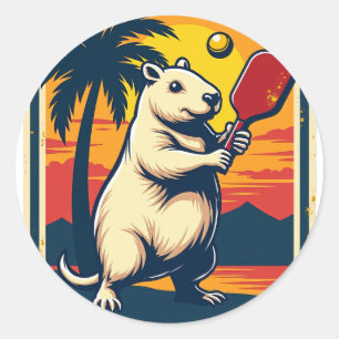 Retro Logo Capybara Pickleball Club Vintage Sport Ronde Sticker