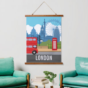 Retro Londen reisprint – Iconische oriëntatiepunte Hangend Wandkleed