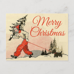 Retro-look voor Scottie en nieuwe kerstboom Feestdagenkaart