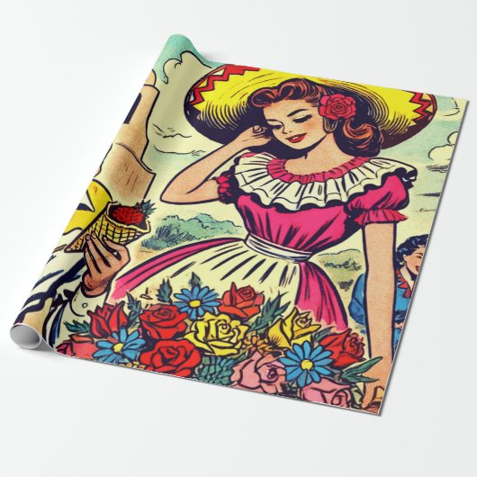 Retro Love Couple Comic Cadeaupapier (Uitgerold)