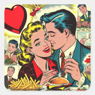 Retro Love Couple Comics Vierkante Sticker