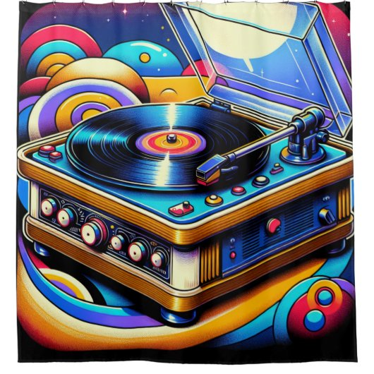 Retro LP Record Player Douchegordijn (Voorkant)
