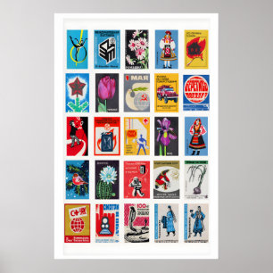 Retro luciferdoosje label muurkunst, grid collage poster