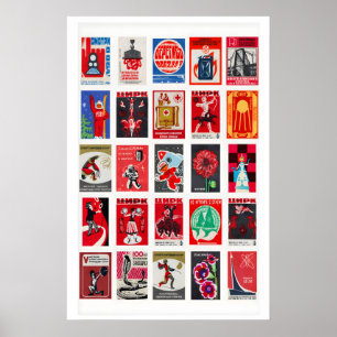 Retro luciferdoosje label muurkunst, grid collage poster