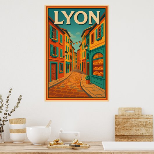 Retro Lyon Frankrijk Reizen: Mid-Century Modern Poster (Keuken)
