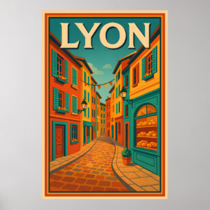 Retro Lyon Frankrijk Reizen: Mid-Century Modern Poster