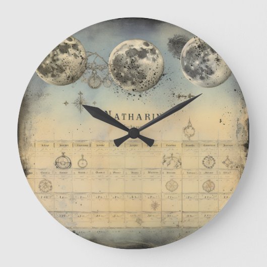 Retro Maan Fase Almanak - Nostalgische Celestial E Grote Klok (Voorkant)