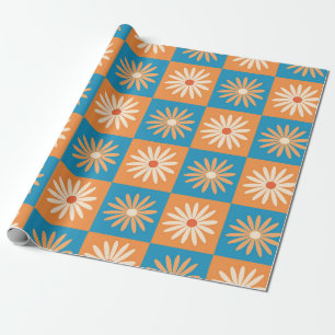 Retro madeliefje op blauwe en oranje ruitjes  cadeaupapier