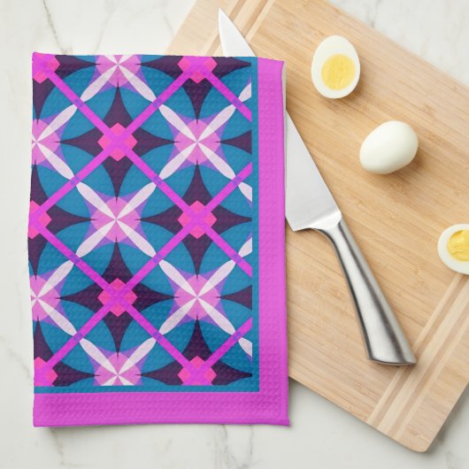 Retro Magenta en Blauwgroen Blue Diamond Pattern T Theedoek (Quarter Fold)