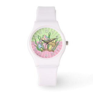 Retro Magische paddenstoelen Roze en Geel Horloge