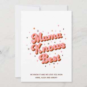Retro Mama weet het best Roze Bruin 70s Lettering Feestdagenkaart