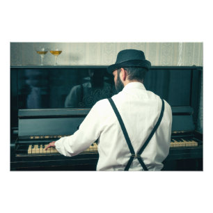 Retro man pianospelen en roken foto afdruk