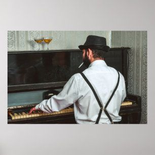 Retro man pianospelen en roken poster