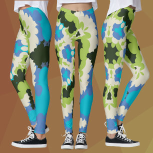 Retro Mandala Blauw Groen Wit en Zwart Leggings